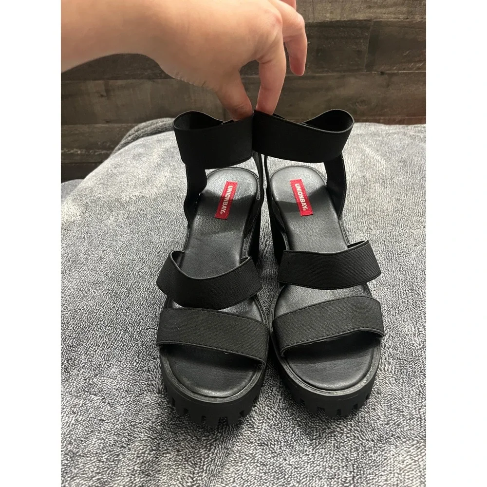 Y2K 90's Unionbay Black Platform Sandals Chunky Block‎ Heel Lug Sole 8M Grunge